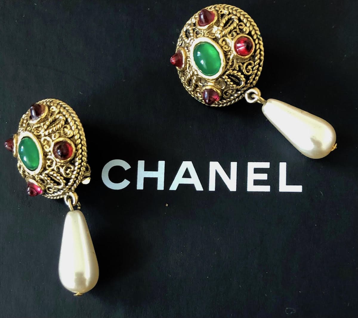 CHANEL Vintage Gold Metal Green and Pink Gripoix Pearl Drop Earrings 1980s
