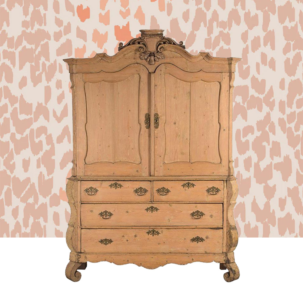 Swedish rococo cabinet (Christopher-Hall Antiques); Parker & Jules Leopard wallpaper in Coral Rose